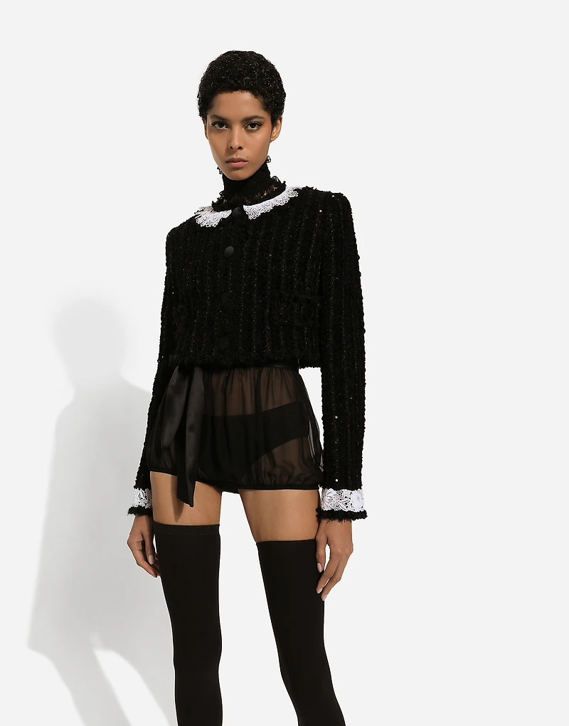 Short tweed jacket with micro-sequin embellishment