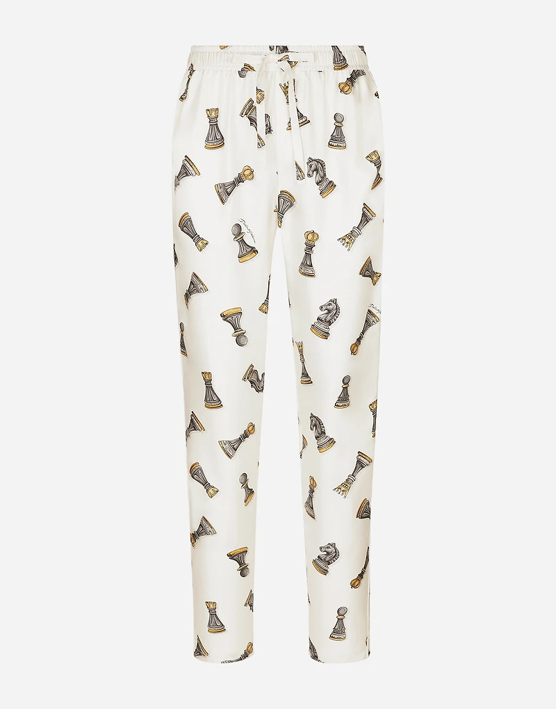 Silk twill jogging pants with chess-piece print