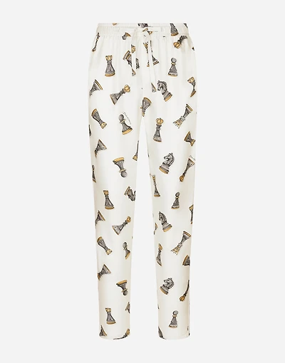 Silk twill jogging pants with chess-piece print