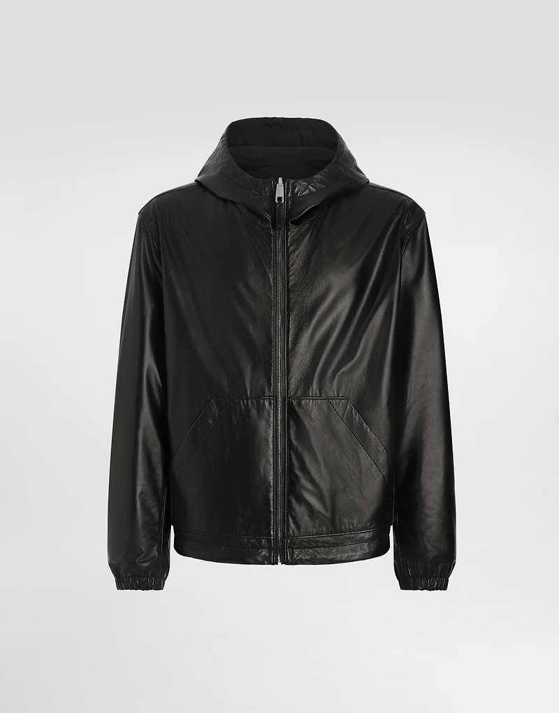 Leather and fabric jacket with reversible hood