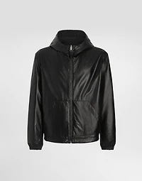 Leather and fabric jacket with reversible hood