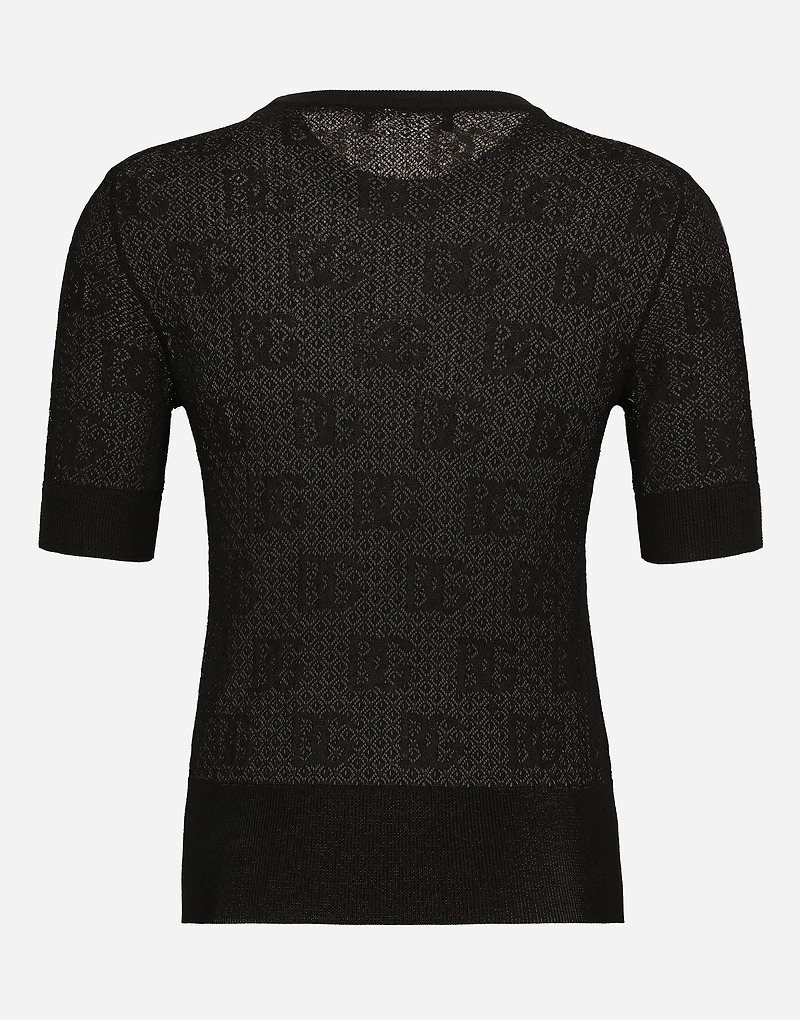 Lace-stitch viscose sweater with jacquard DG logo