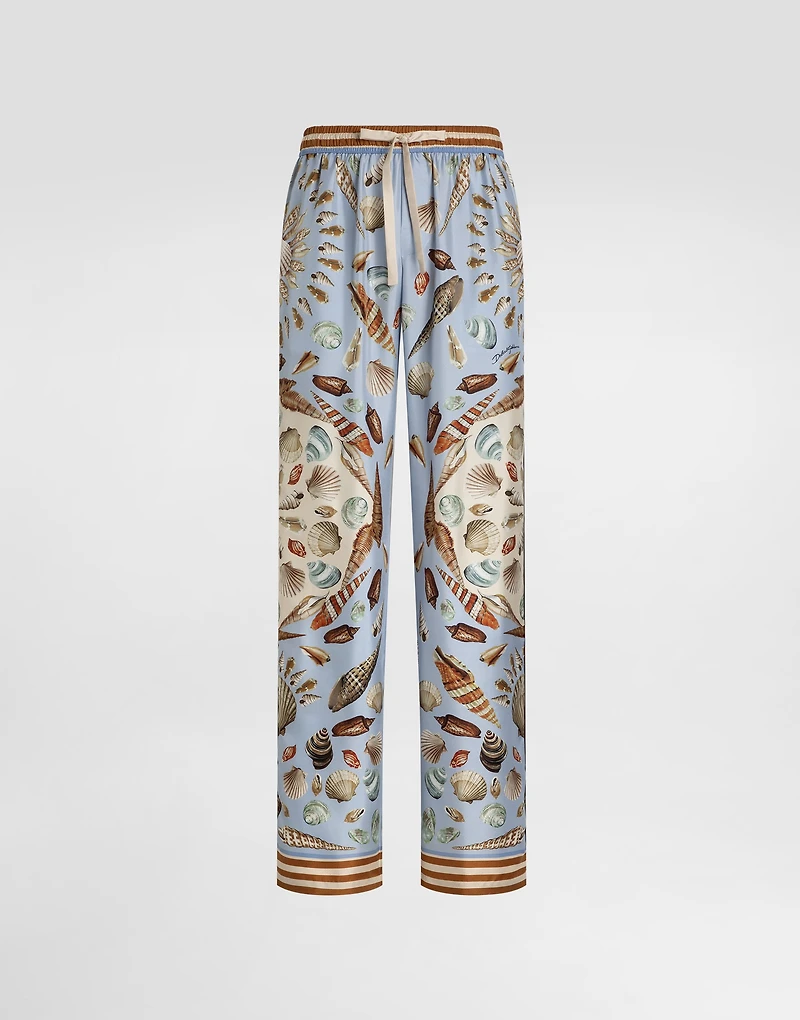 Shell-print silk twill trousers