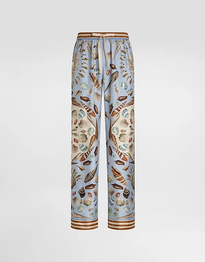 Shell-print silk twill trousers