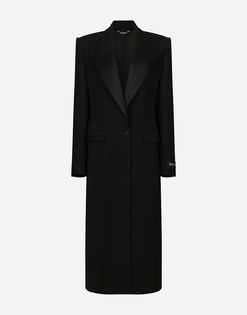 Long single-breasted wool tuxedo coat
