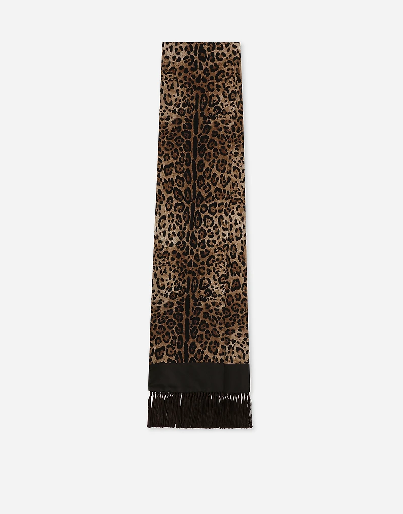 Leopard-print silk scarf with fringing