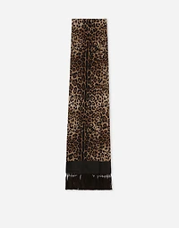 Leopard-print silk scarf with fringing