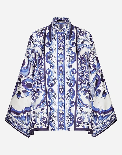 Majolica-print twill shirt with slits