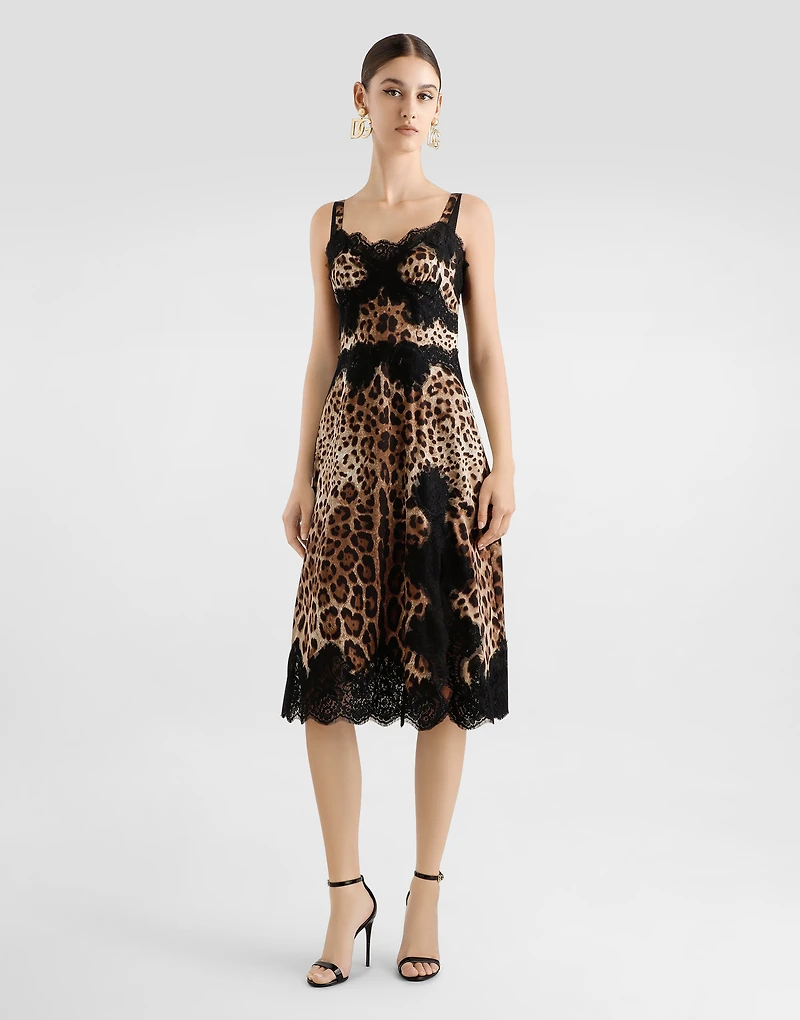 Leopard-print satin midi lingerie-style dress with lace trims
