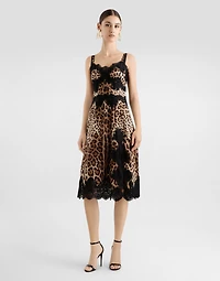 Leopard-print satin midi lingerie-style dress with lace trims