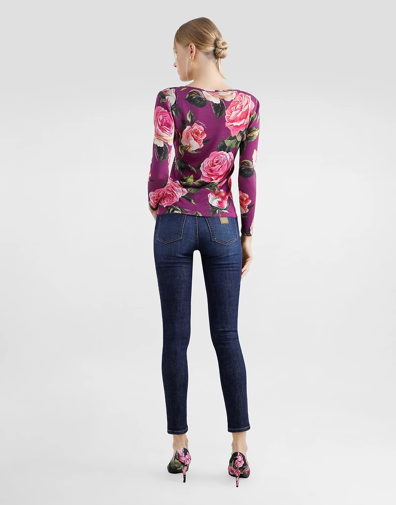 Rose-print silk sweater