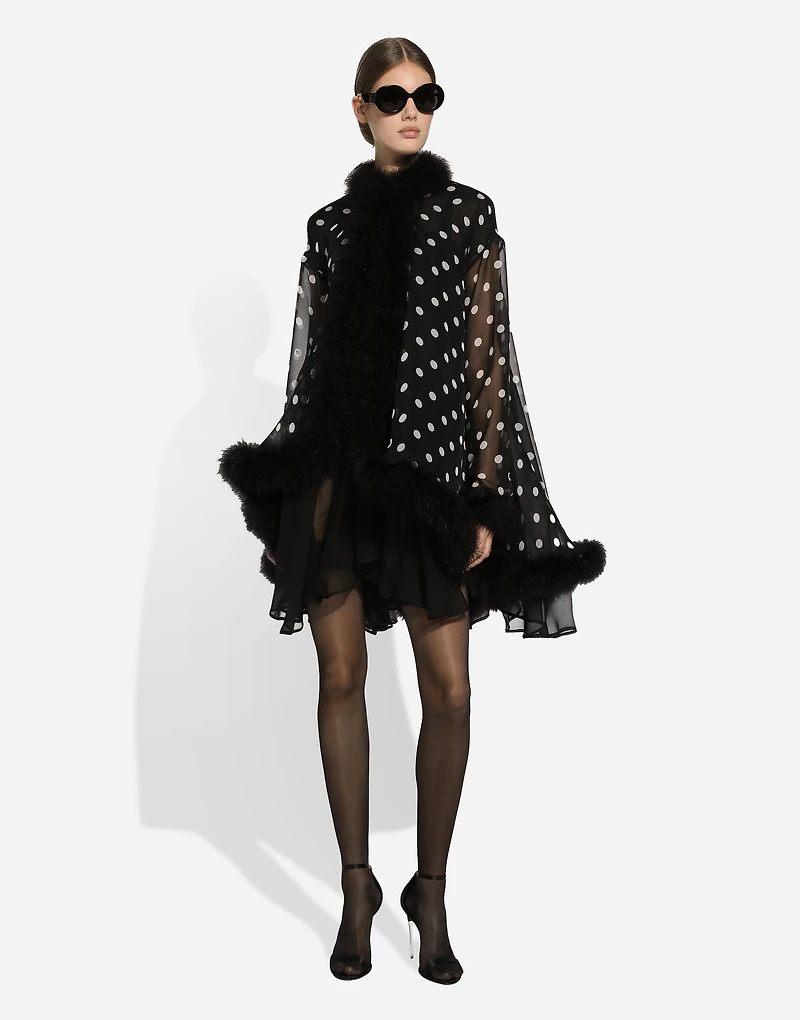 Chiffon cape with polka-dot print and marabou trim