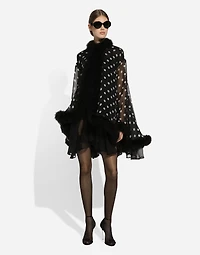 Chiffon cape with polka-dot print and marabou trim