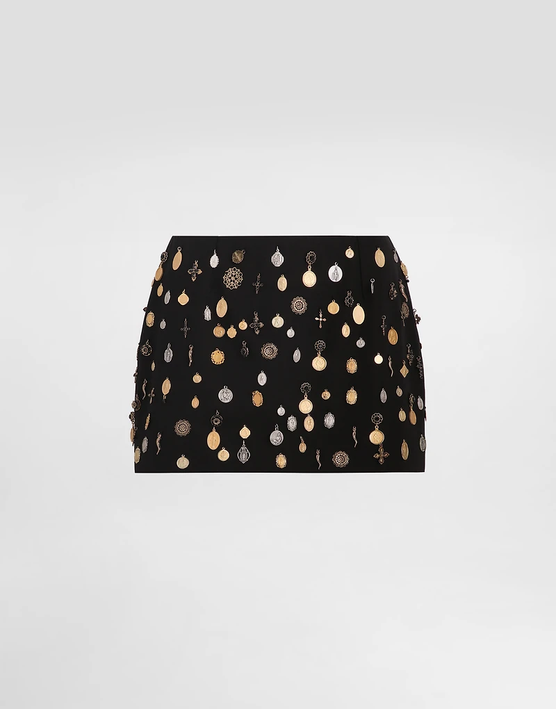 Cotton canvas miniskirt with all-over small medal embroidery