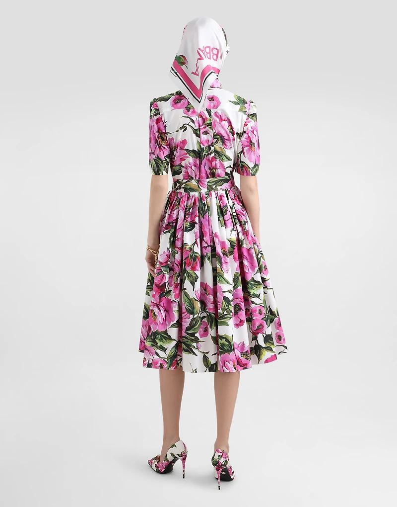 Cotton calf-length shirt dress with peony print