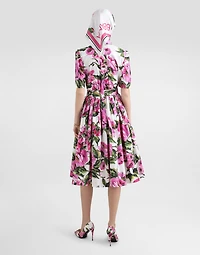 Cotton calf-length shirt dress with peony print