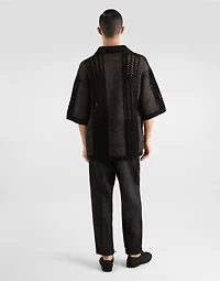 Short-sleeved cotton crochet polo-shirt