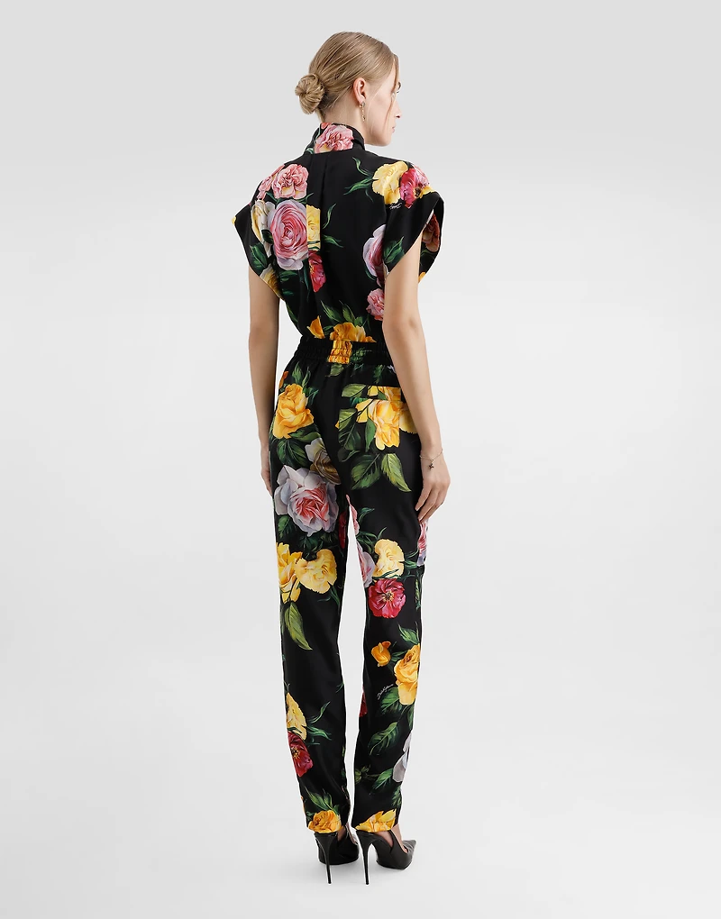 Silk habotai shirt with peony and rose print