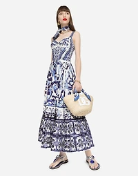 Calf-length bustier dress majolica-print poplin