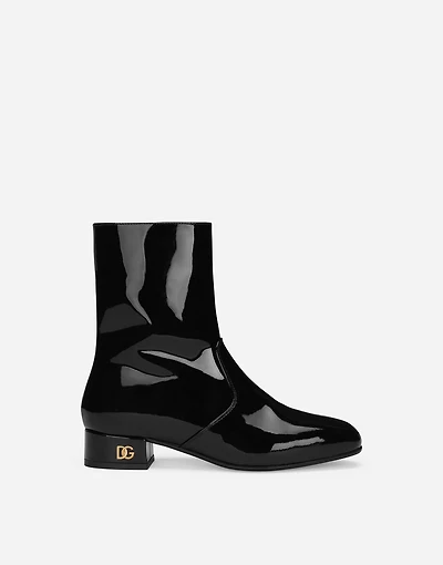 Patent leather ankle boots with branded heel