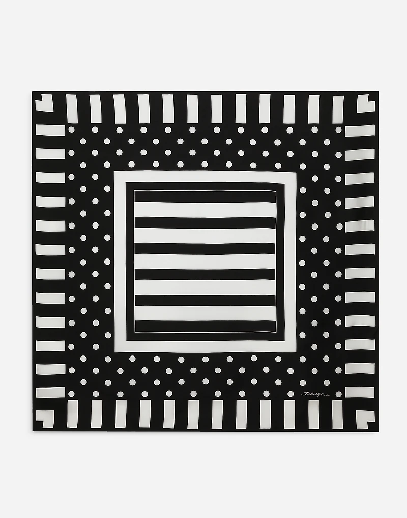 Silk twill scarf with polka-dot and striped print (90x90)