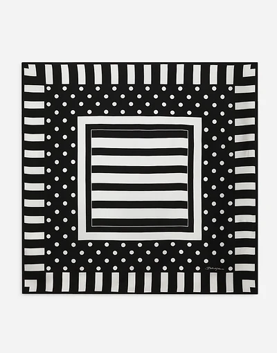 Silk twill scarf with polka-dot and striped print (90x90)