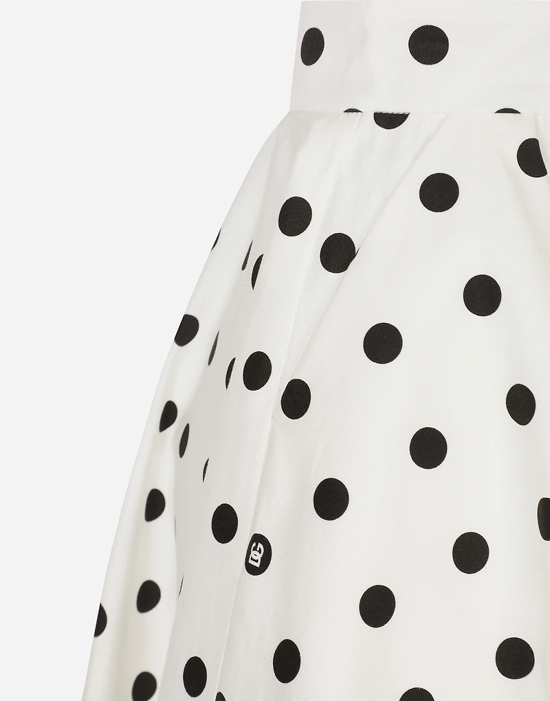Cotton drill calf-length circle skirt with polka-dot print