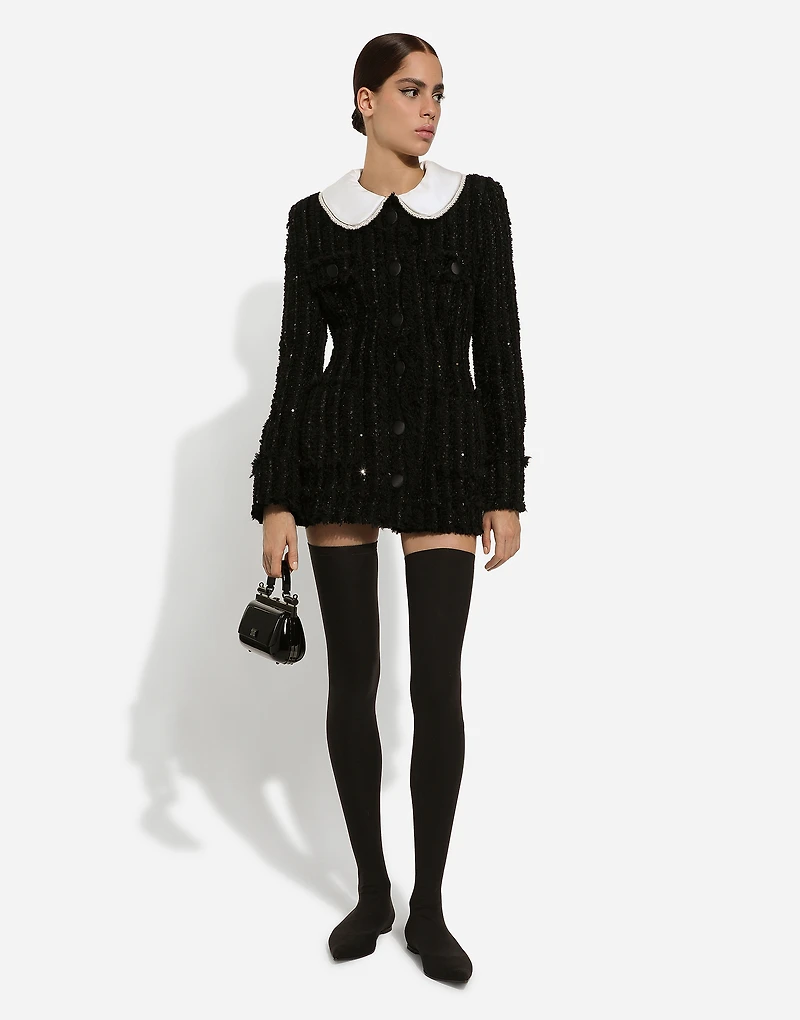 Tweed jacket with micro-sequin embellishment and satin collar