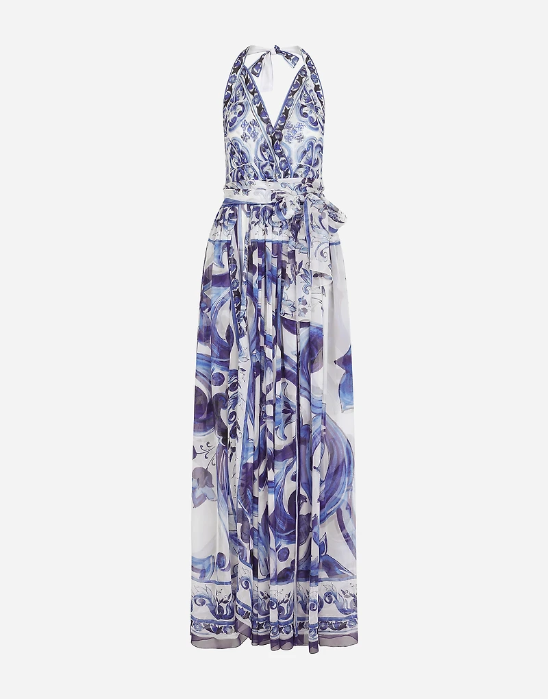 Long sleeveless chiffon dress with majolica print