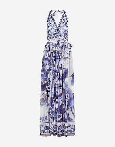 Long sleeveless chiffon dress with majolica print