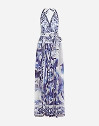 Long sleeveless chiffon dress with majolica print