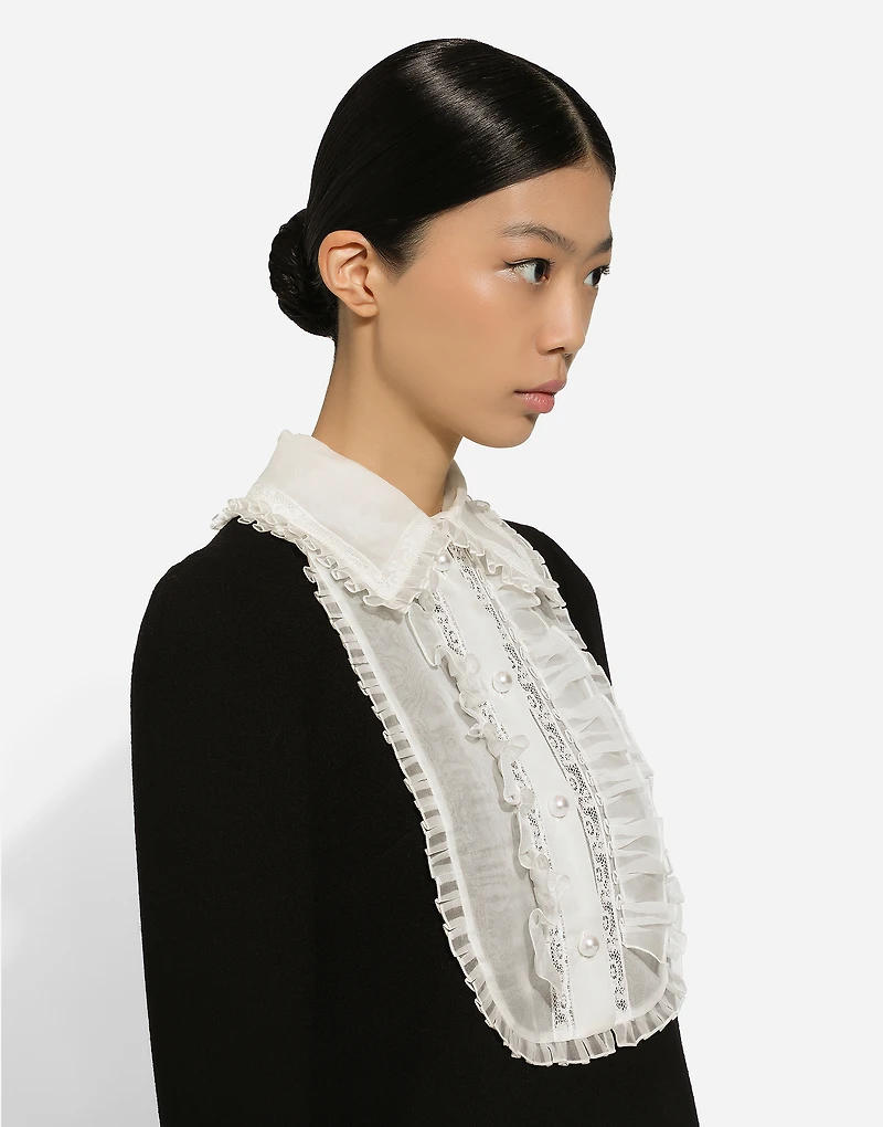 Short wool crepe dress with organza shirt front