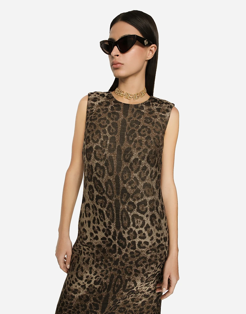 Wool midi dress with jacquard leopard design
