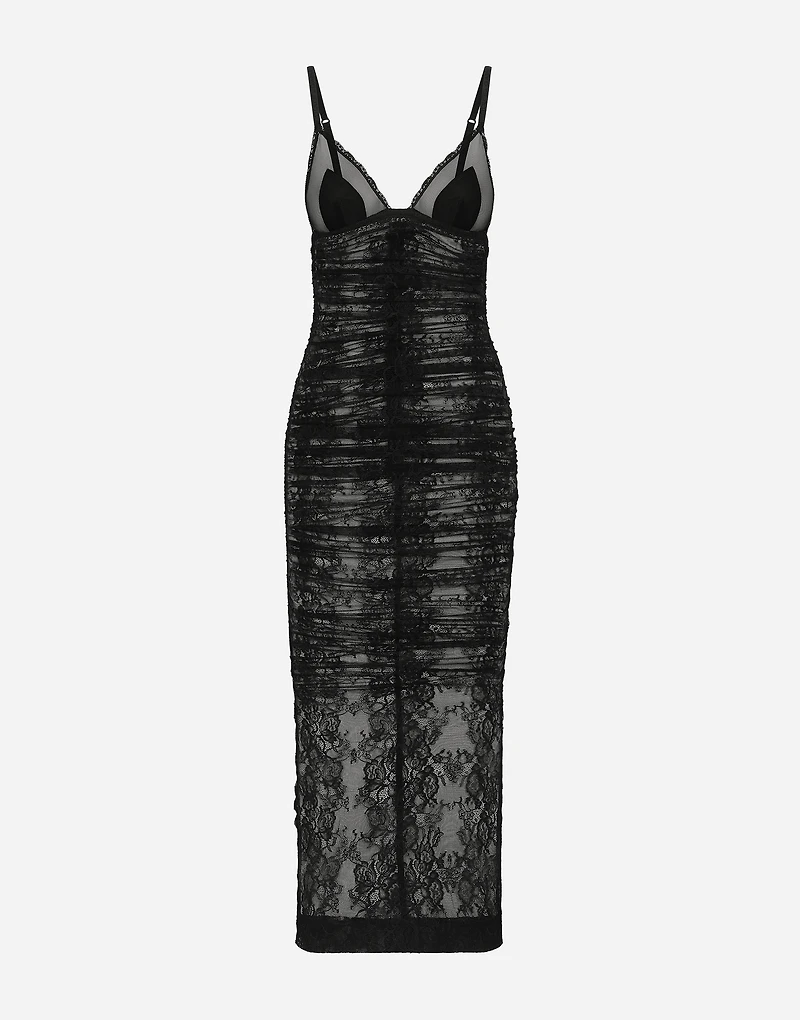 Calf-length stretch Chantilly lace slip dress