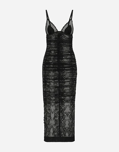 Calf-length stretch Chantilly lace slip dress
