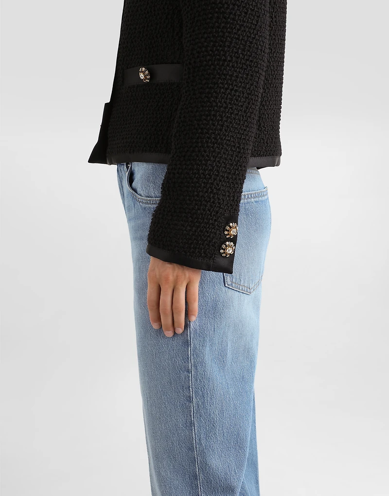 Cropped single-breasted bouclé tweed jacket with bejeweled buttons
