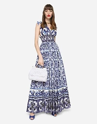 Long majolica-print poplin dress