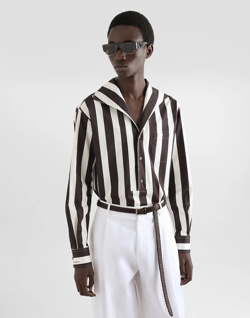 Three-button long-sleeved shirt striped cotton drill