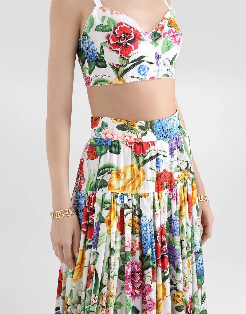 Long ruffled skirt floral-print cotton