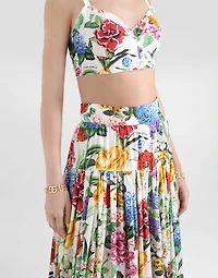 Long ruffled skirt floral-print cotton