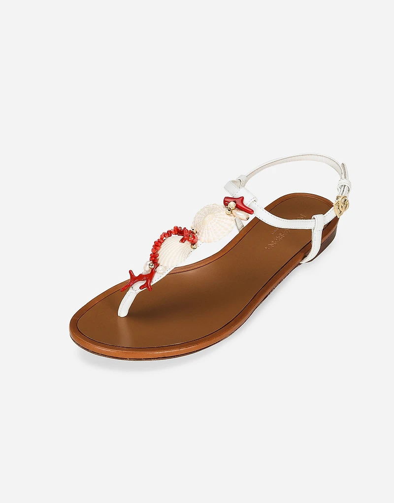Nappa leather thong sandals with coral embroidery