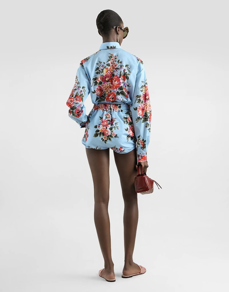 Flower bouquet-print cotton poplin culotte