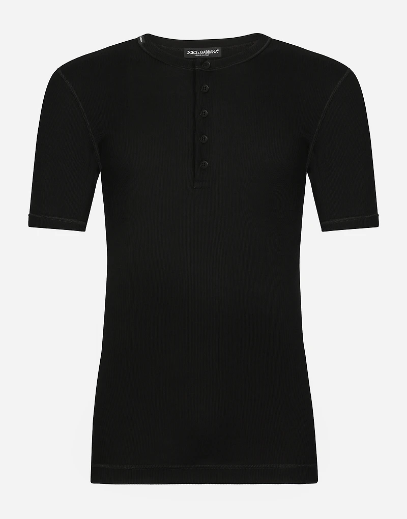 Fine-rib cotton granddad-neck T-shirt