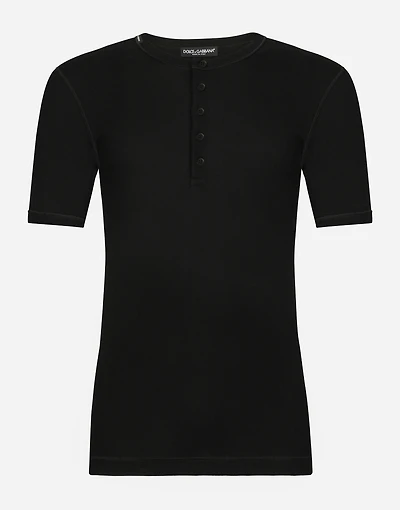 Fine-rib cotton granddad-neck T-shirt