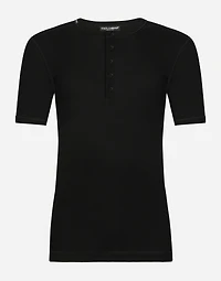 Fine-rib cotton granddad-neck T-shirt
