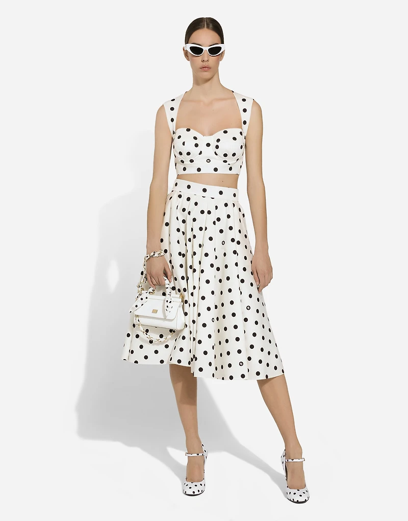 Cotton drill calf-length circle skirt with polka-dot print