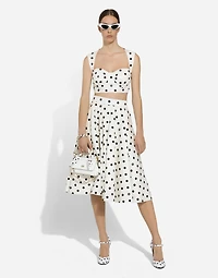 Cotton drill calf-length circle skirt with polka-dot print