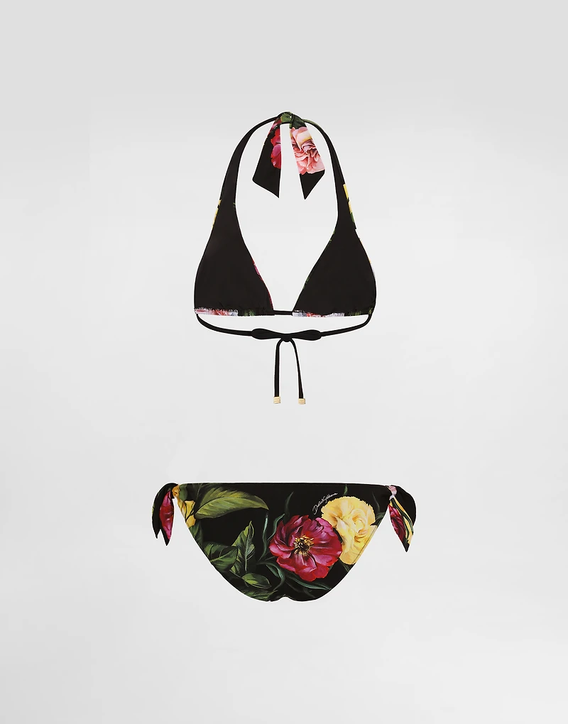 Rose and Peony-print padded triangle bikini