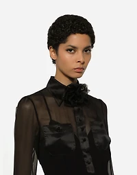 Chiffon calf-length shirt dress with satin details