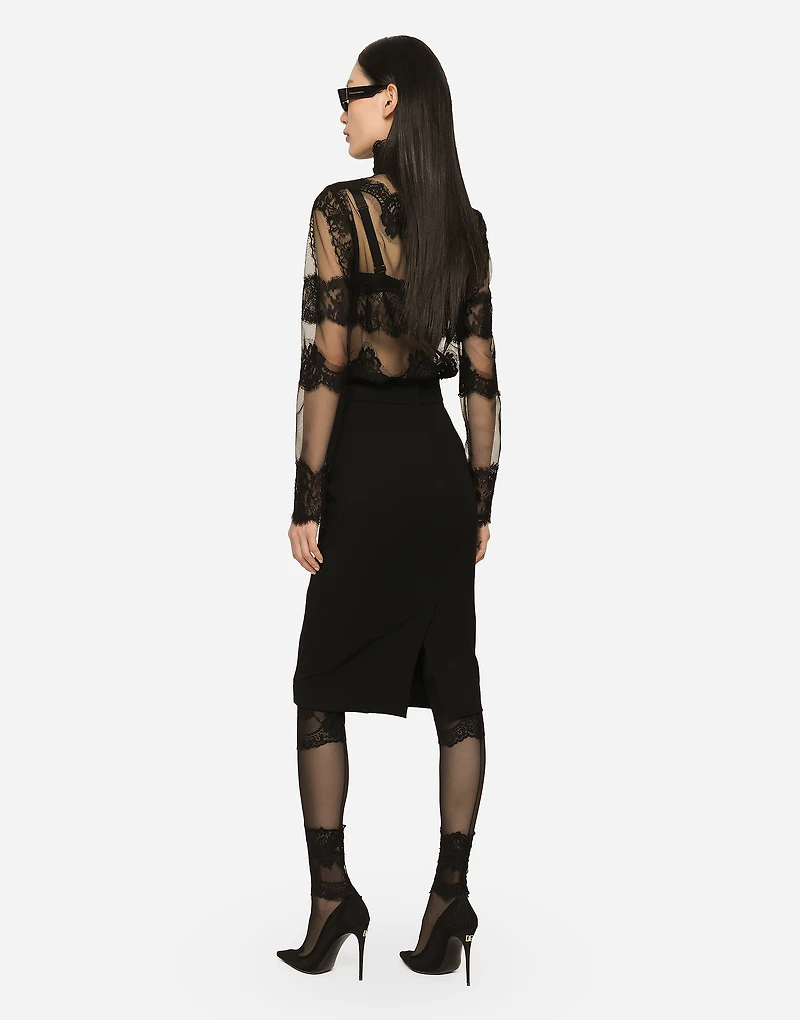 Tulle turtle-neck top with lace inserts